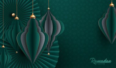 Kağıt kesiği: ramazan Kareem arkaplan, ramazan feneri origami, vektör illüstrasyonu