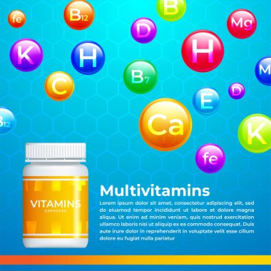Tıbbi vitamin, mineral arka plan. Hap kapsülünün multivitamin kompleksi. Vektör illüstrasyonu