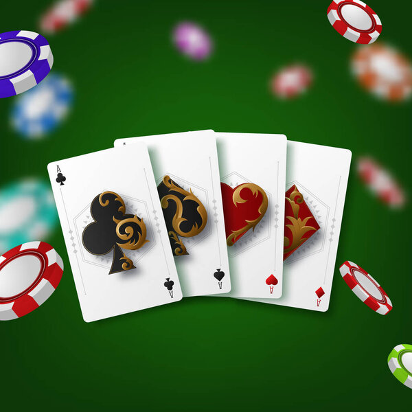Vector illustration on a casino theme with poker symbols and poker cards on green background. Vector illustration