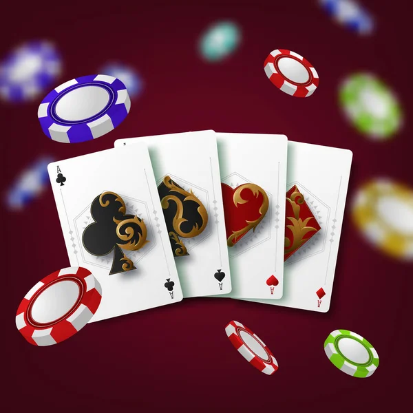 Ilustracja Wektorowa Temat Kasyna Symbolami Pokera Kartami Pokerowymi Czerwonym Tle — Wektor stockowy
