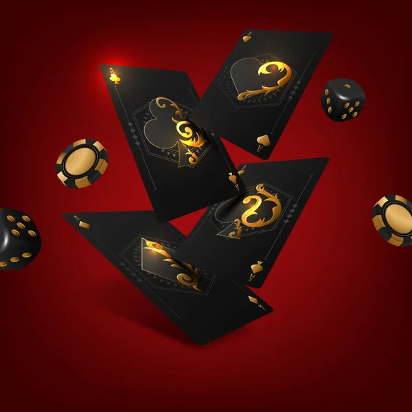 Casino Poker Toernooi Banner Gouden Tekst Met Een Speelkaartje Kaarten — Stockvector