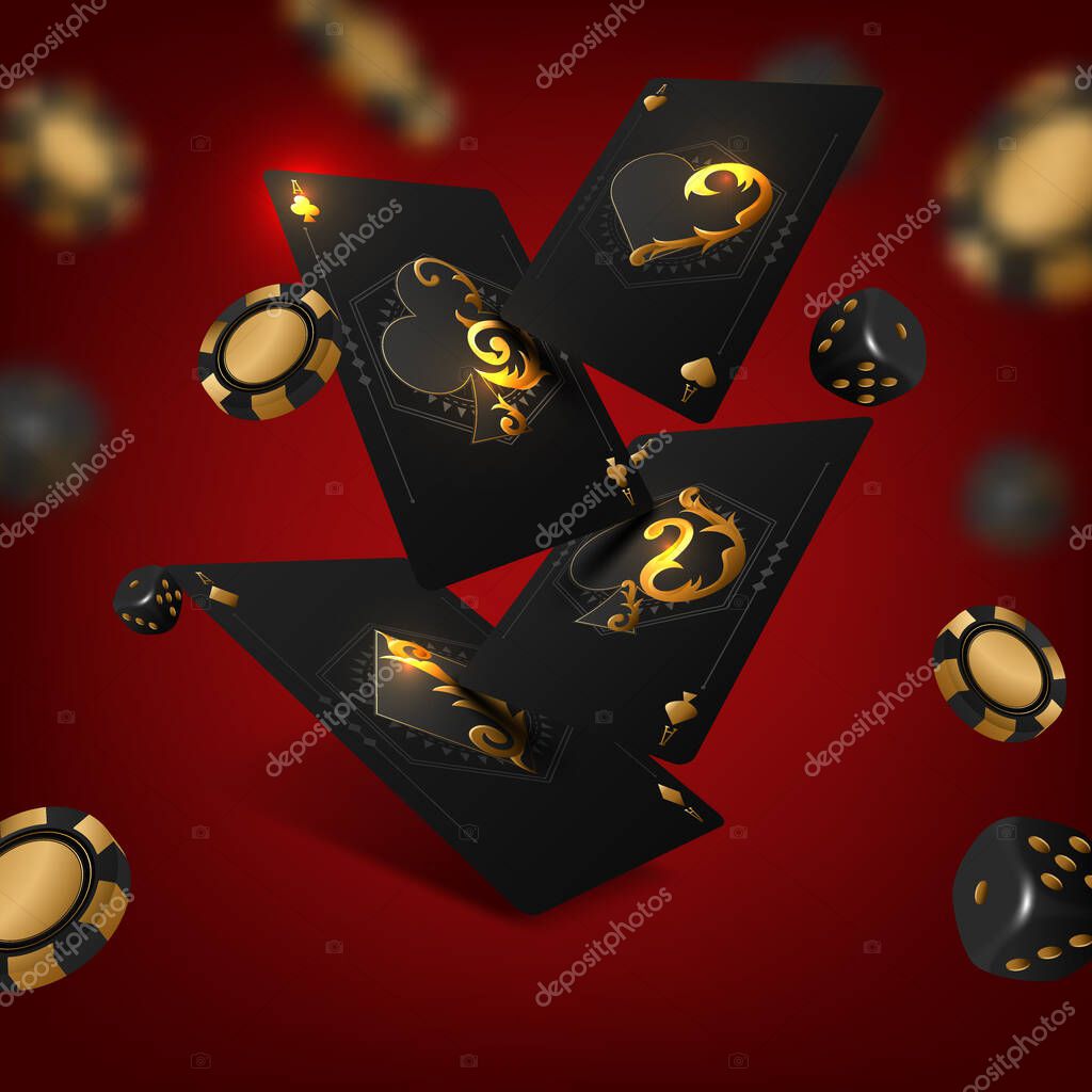Poker tournament. Vector illustration. Four playing cards with gambling chips. Vector illustration