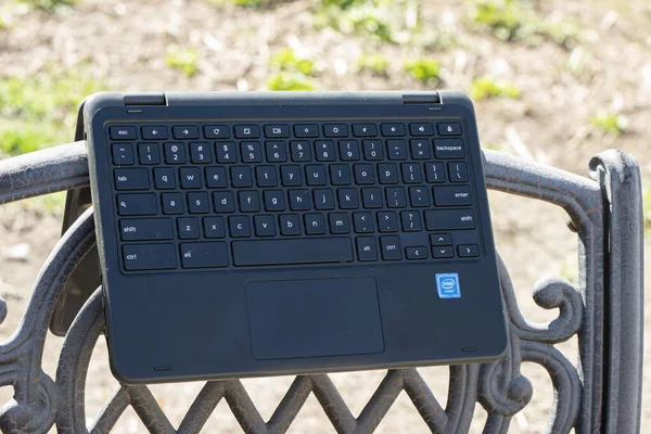 Elgin Illinois Circa 2019 Chromebook Folded Chair Demonstration Weird Angles — Stock Photo, Image