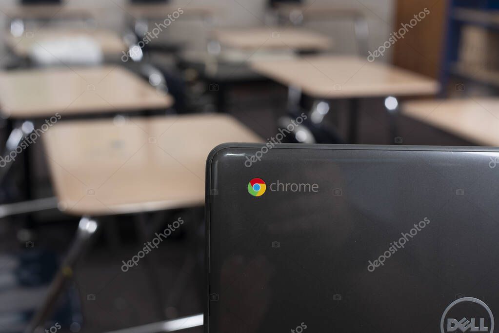 Elgin, Illinois - Circa 2019: A Dell Chromebook in a classroom.