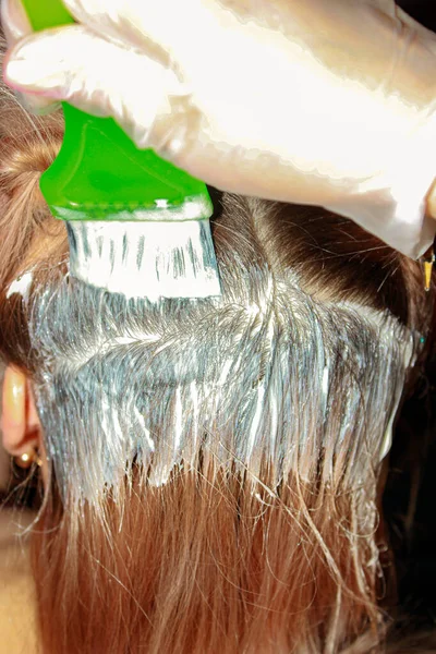 Friseur Frisur Farbe Pinsel Kosmetikerin Färbung Farbe Färben Mädchen Haarpflege — Stockfoto