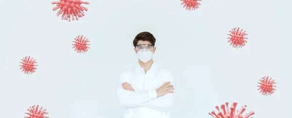 Wetenschapper in het gelaat masker staande kevers tussen virussen. Ontwikkel een coronavirusvaccin in het laboratorium. Corona virus testen of medicijnen onderzoek, drugs tegen Covid. Farmaceutisch onderzoek. — Stockfoto