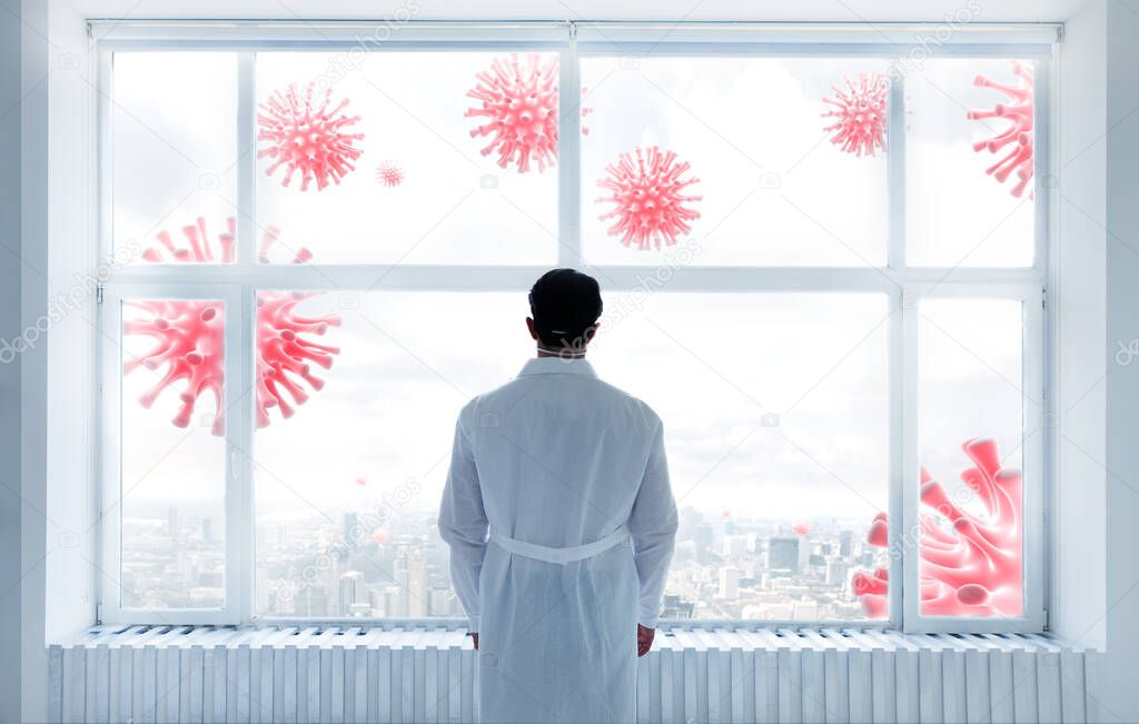  Scientist or doctor looks at covid viruses outside laboratory. Biological hazard coronavirus quarantine concept.