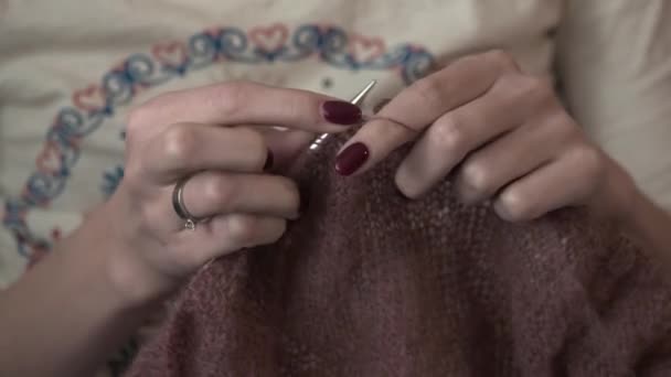 Girl Bored Quarantine Knits Warm Sweater Wool — Stock Video