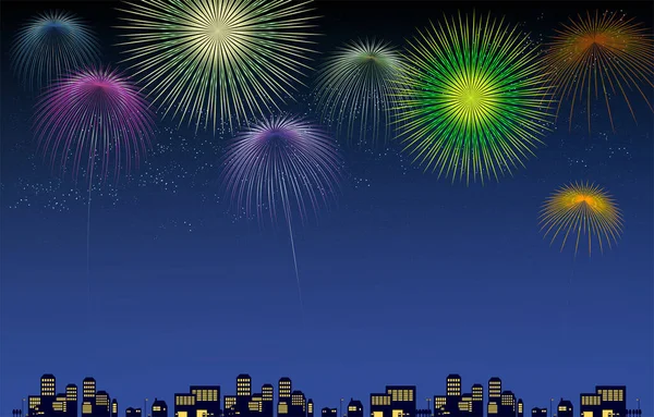 Illustration Der Stadtsilhouette Mit Feuerwerk — Stockvektor