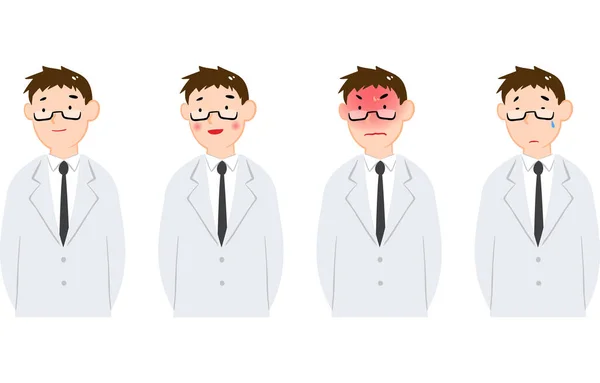 White Coat Men Emotional Expression Set — Stock Vector