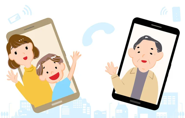Illustrazione Nonno Nipote Che Fanno Videochiamate Smartphone — Vettoriale Stock