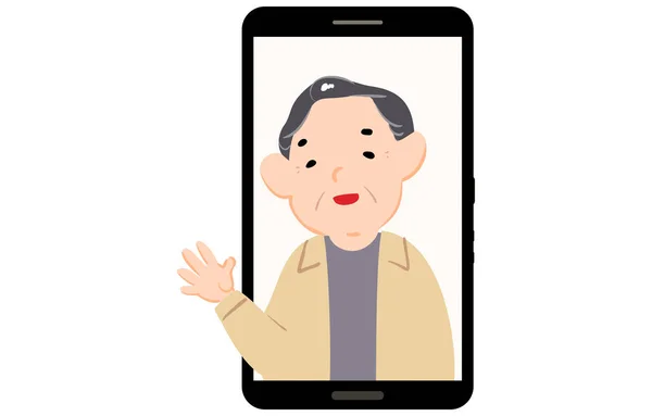 スマホの画面から手を振る老人のイラスト — ストックベクタ