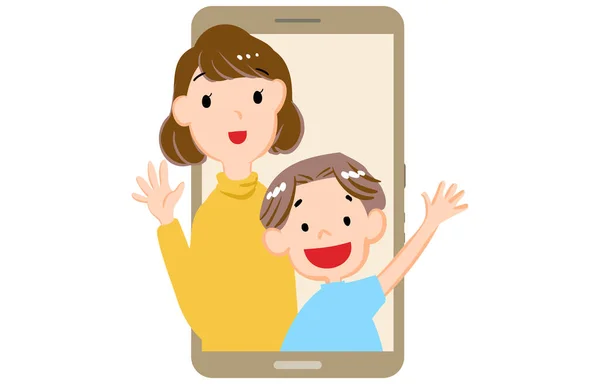 Illustrazione Dei Bambini Che Salutano Dallo Schermo Dello Smartphone — Vettoriale Stock