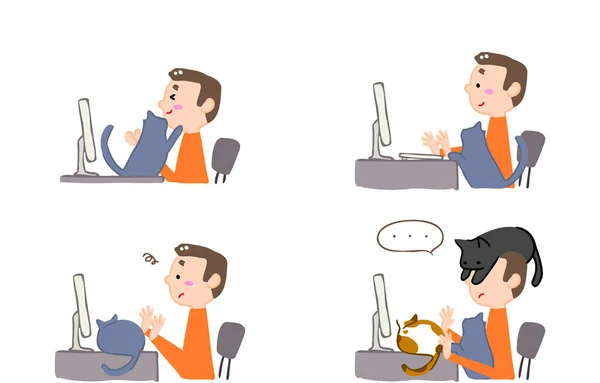 Ensemble Illustrations Personnes Dérangées Par Des Chats Pendant Travail Distance — Image vectorielle