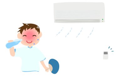 Serin bir odada su içen bir çocuğun güneş çarpmasına karşı alınan önlemler.