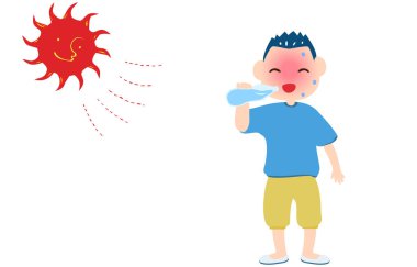 Sıcak çarpmasına karşı bir ölçü olarak su içen bir çocuğun canlandırması