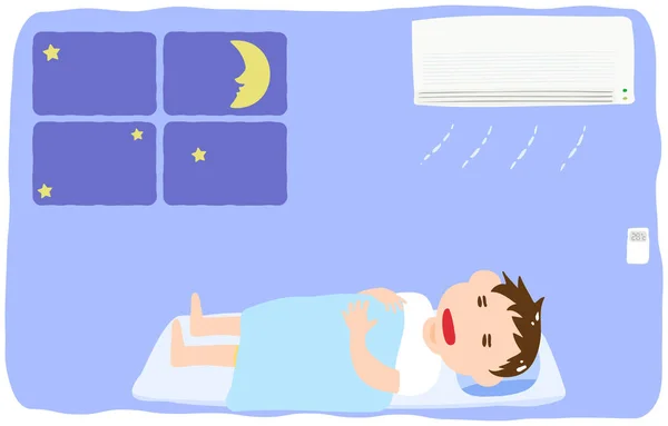 Illustration Eines Jungen Der Einem Kühlen Raum Mit Einer Klimaanlage — Stockvektor