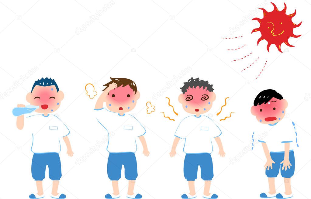 Heat stroke and boy illustration set