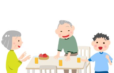 Torunlarıyla gülen yaşlı bir çiftin resmi.