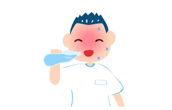Απεικόνιση Ενός Αγοριού Που Πίνει Νερό Μέτρο Κατά Της Θερμοπληξίας — Διανυσματικό Αρχείο
