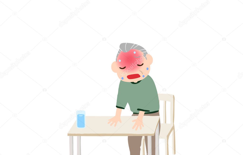 Illustration of an old man trying to sit in a chair due to poor physical condition