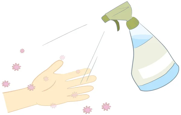 Illustration Besprutning Spritdesinfektionsmedel Besprutning Handen Med Viruset Fastsatt — Stock vektor