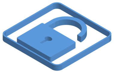 Kilitlenmemiş asma kilidin mavi izometrik çizimi