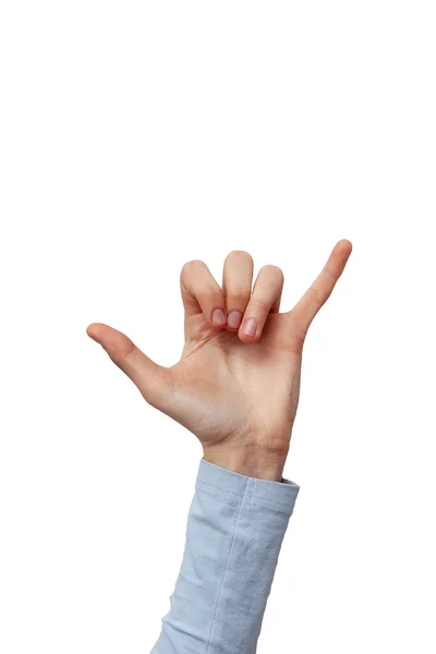 Ręka Białym Tle Pokazuje Znak Bądź Telefon Ręka Gest Nad — Zdjęcie stockowe