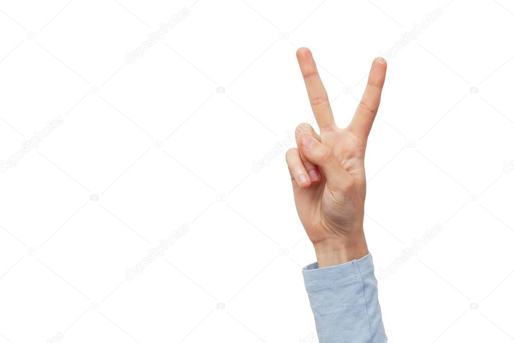 a hand on a white background shows a sign. Two fingers count signs on white background 