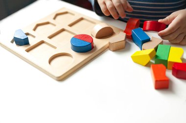 Eğitici oyuncaklar, bilişsel yetenekler, Montessori aktiviteleri. Yakın plan: Renkleri, şekli, sıralamayı öğrenen renkli ahşap duyusal bloklara göre düzenleyen küçük bir Montessori çocuğunun elleri.