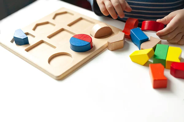 Eğitici oyuncaklar, bilişsel yetenekler, Montessori aktiviteleri. Yakın plan: Renkleri, şekli, sıralamayı öğrenen renkli ahşap duyusal bloklara göre düzenleyen küçük bir Montessori çocuğunun elleri.