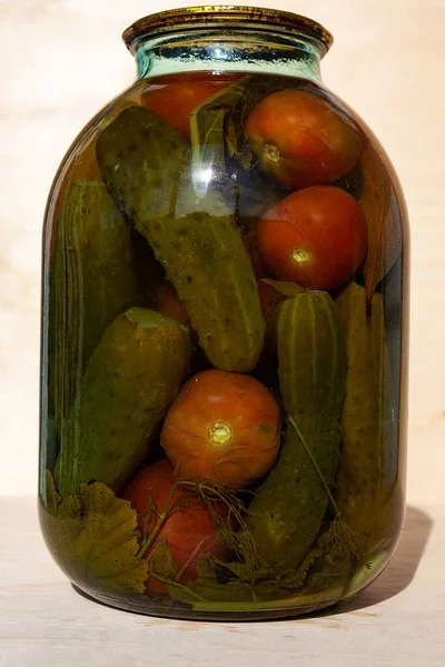 Marinated Canned Vegetables Glass Jars Conserved Tomatoes Cucumbers Pepper Carrot — Stock Photo, Image