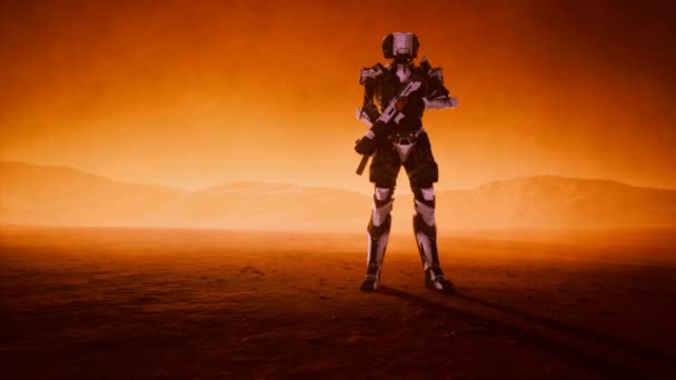 Futuristische soldaat in woestijn bij zandstorm — Stockvideo