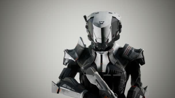 Soldat futuriste en armure d'acier avec le pistolet cyber punk