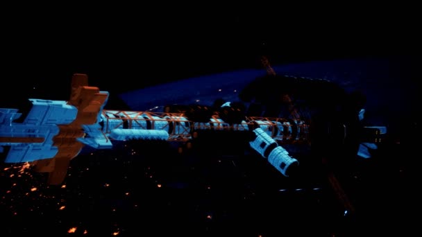 Duży statek kosmiczny na orbicie Ziemi. elementy dostarczane przez nasa — Wideo stockowe