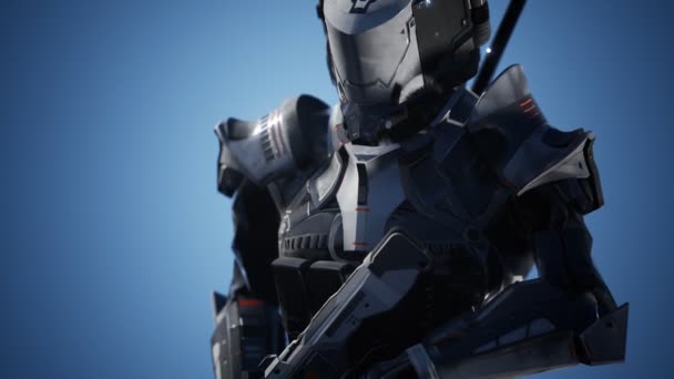 Soldat futuriste en armure d'acier avec le pistolet cyber punk