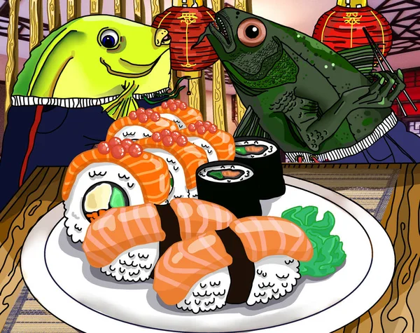 Sushi salmão e desenhos animados amigos colorido engraçado plano