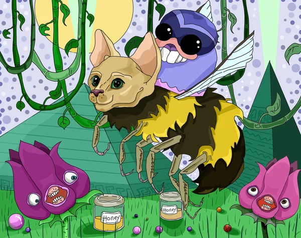 Kot Trzmiel Kocie Bumblebee Pszczoła Osa Wkłady Kwiaty Potwory Psychodeliczne — Zdjęcie stockowe