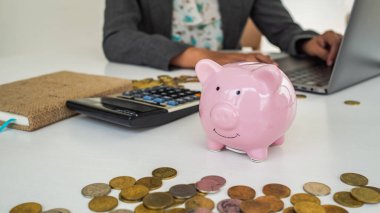 Başarılı iş kadınlarıyla dolu pembe bir kumbarada arka planda çalışıyor. Para biriktirmek yatırımdır. İş yatırımı için para biriktiriyorum.