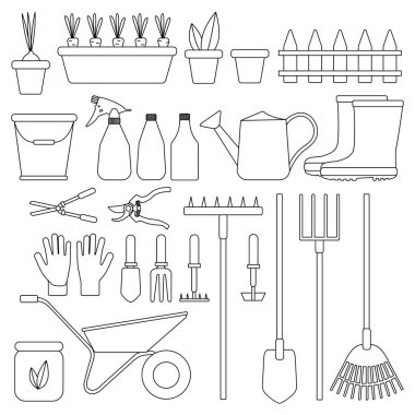  İzole edilmiş beyaz arkaplanda bahçe araçları.