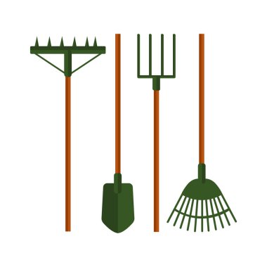 Beyaz arkaplanda izole edilmiş kürek veya kürek, tırmık ve yaba simgeleri. 