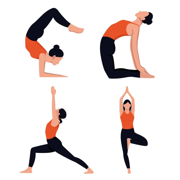 İzole edilmiş beyaz bir arka planda yoga yapan bir grup güzel kız. Renkli vektör stok illüstrasyonu.