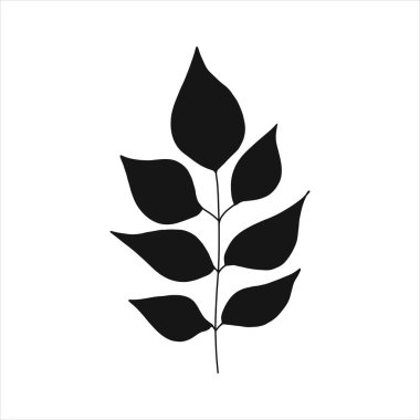 İzole edilmiş beyaz arka planda siyah tropikal yaprak silüeti. Botanik ağaç dalları, sapında palmiye yaprağı..