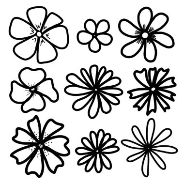 İzole edilmiş beyaz arka planda çeşitli şekil ve boyutlarda çiçekler. Nesnelerin siluetleri.