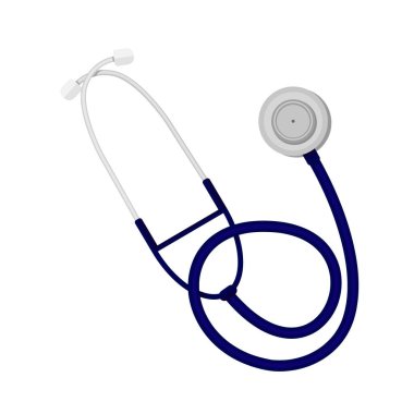 İzole edilmiş beyaz arka planda koyu mavi bir steteskop.