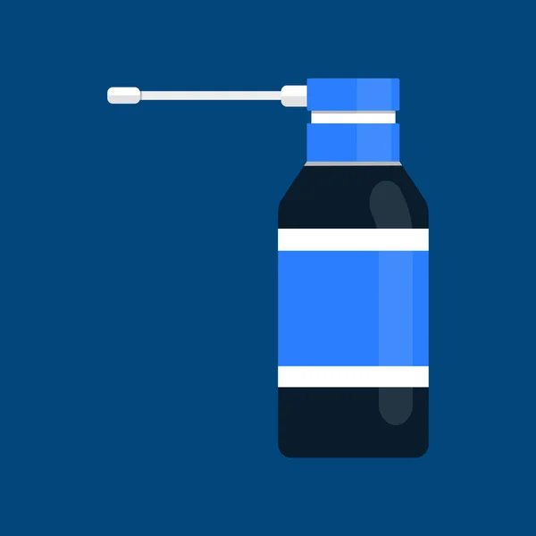 Aerosol brillante para el dolor de garganta. Botella de vidrio con tapa y etiqueta azul sobre fondo azul . — Vector de stock