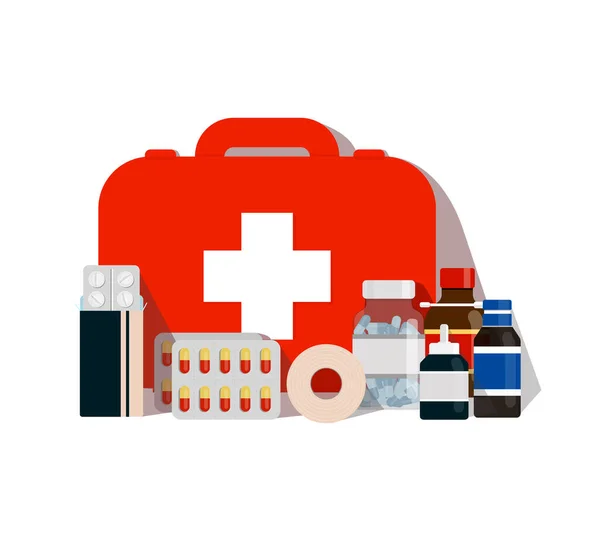 Tıbbi aletler, ilk yardım ilaçları ve teşhisleri. Boğaz ağrısı için ilaç panosu beyaz izole edilmiş arka planda.. — Stok Vektör