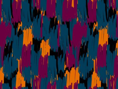 İzole edilmiş bir arka planda çok renkli, pürüzsüz bir desen. Siyah mavi turuncu lekeler tekrar eden elementler.