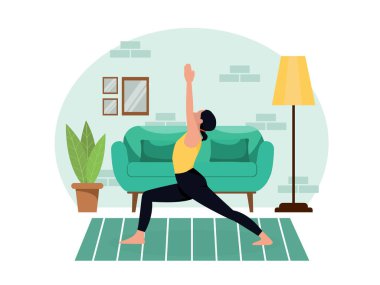 Genç, güzel, narin kız karantina sırasında evde yoga yapıyor..