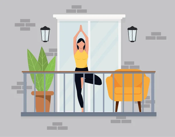 Mladá štíhlá dívka cvičí jógu na balkóně za slunečného dne. — Stockový vektor